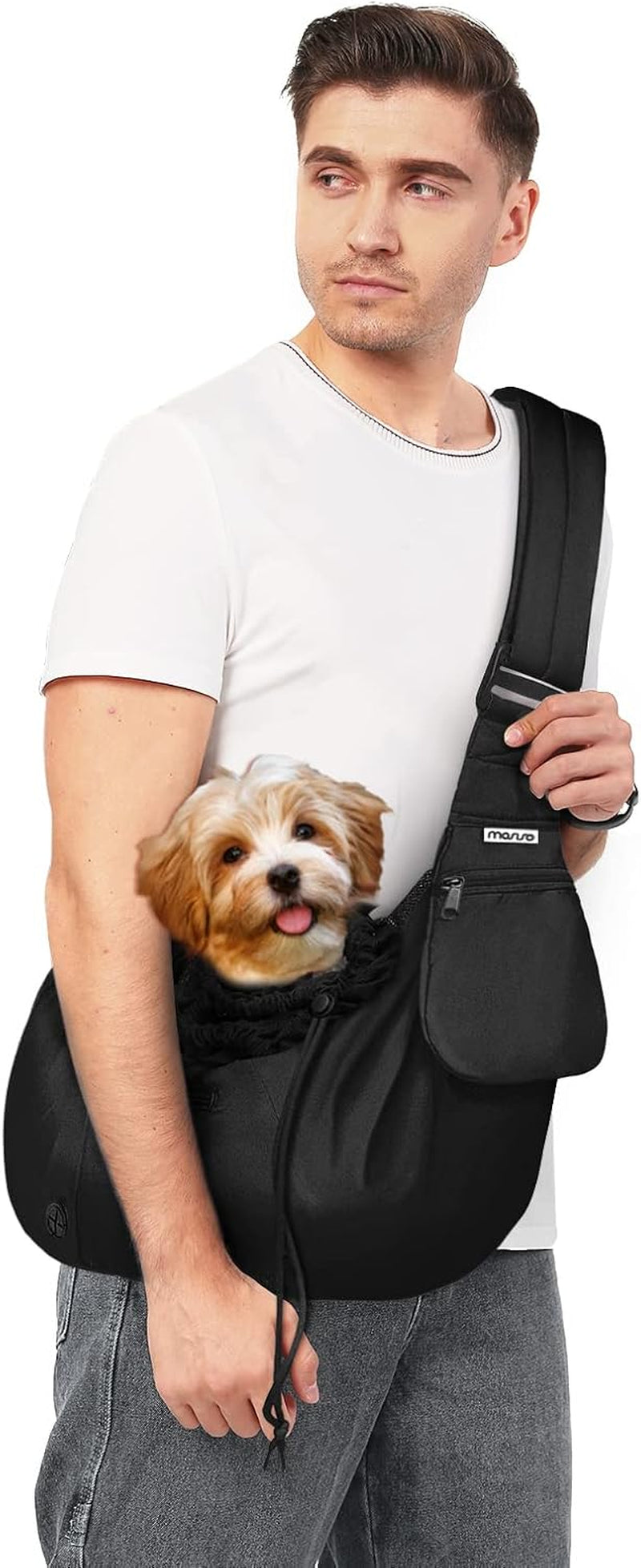 Small Dog Cat Sling Carrier, Pet Carrier Tote Bag Purse Hands Free Adjustable Padded Strap Breathable Polyester Soft Carrying Travel Shoulder Bag with Front Pocket for Dogs Cats, Black