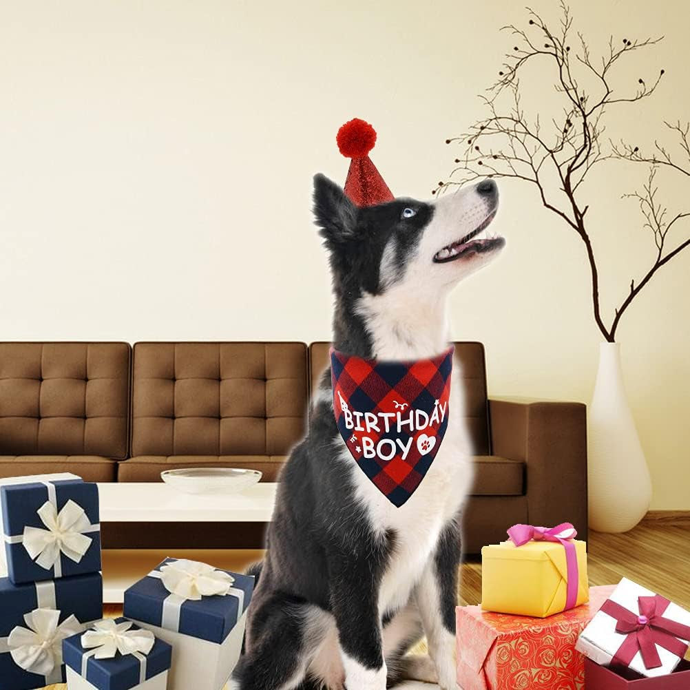 Dog Birthday Boy Bandana and Hat Set “Birthday Boy” Print Plaid Dogs Party Supplies Triangle Scarf Bibs for Small Medium Large Pets Red