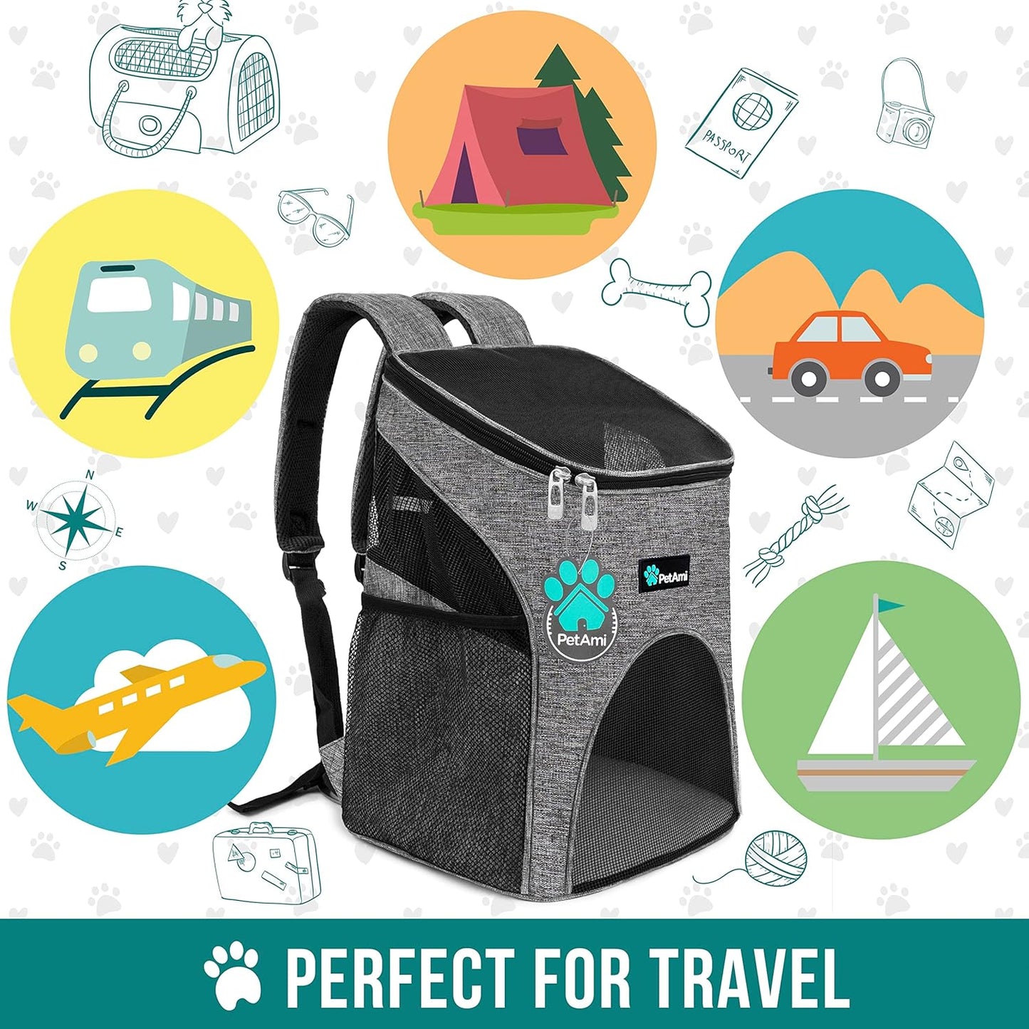 Small Dogs and Cat Backpack Carrier, Airline Approved Pet Backpack Carrier, Ventilated, Safety Strap, Buckle Support Designed for Hiking Travel Camping Outdoor, Max 18 Lbs (Heather Gray)