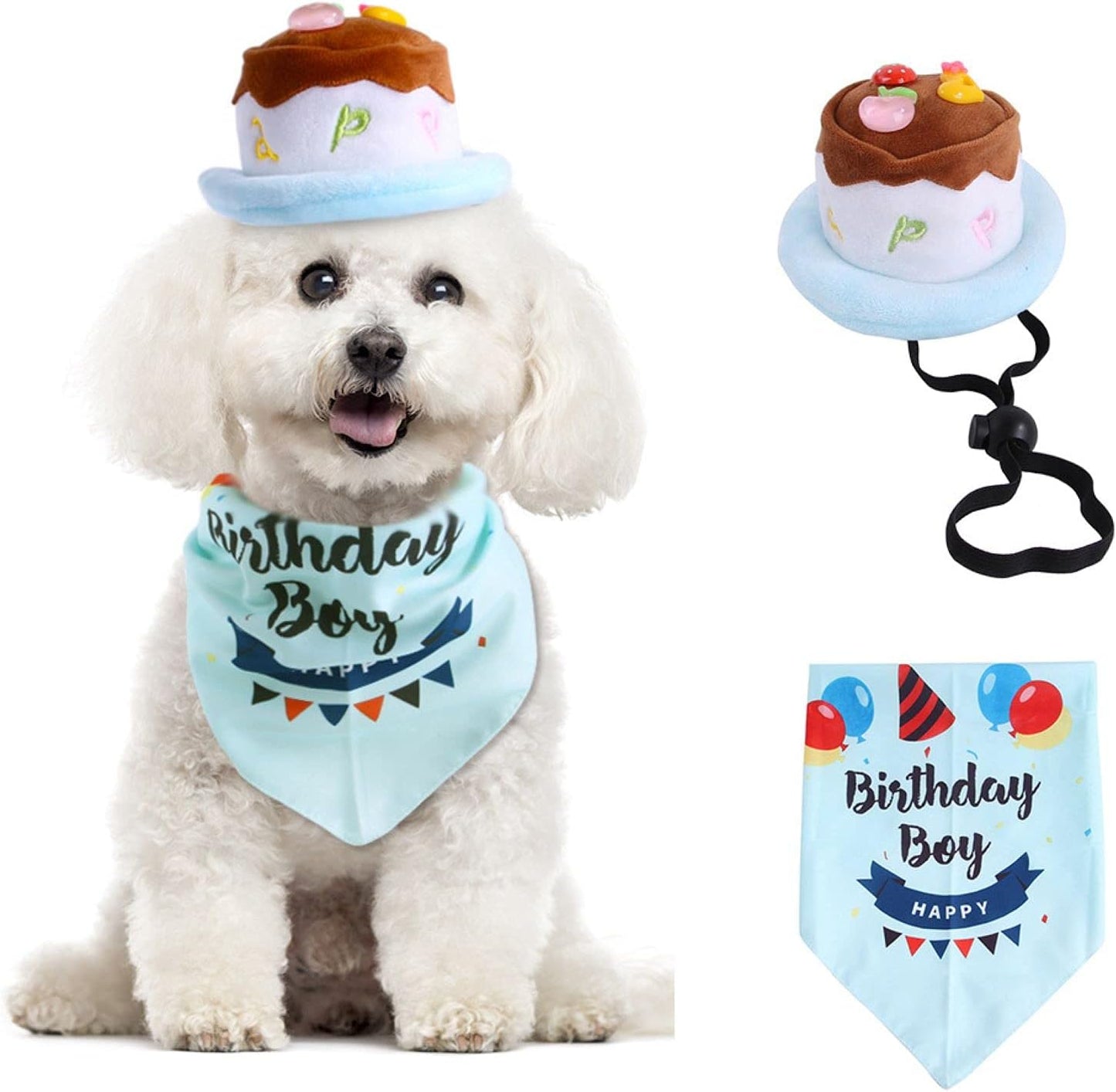 Dog Birthday Triangle Scarf with Cute Doggie Birthday Cake Party Hat, Pet Birthday Costume Accessories Headwear for Puppy Cat Small Dog Breeds(Pink, Cake Balloon)