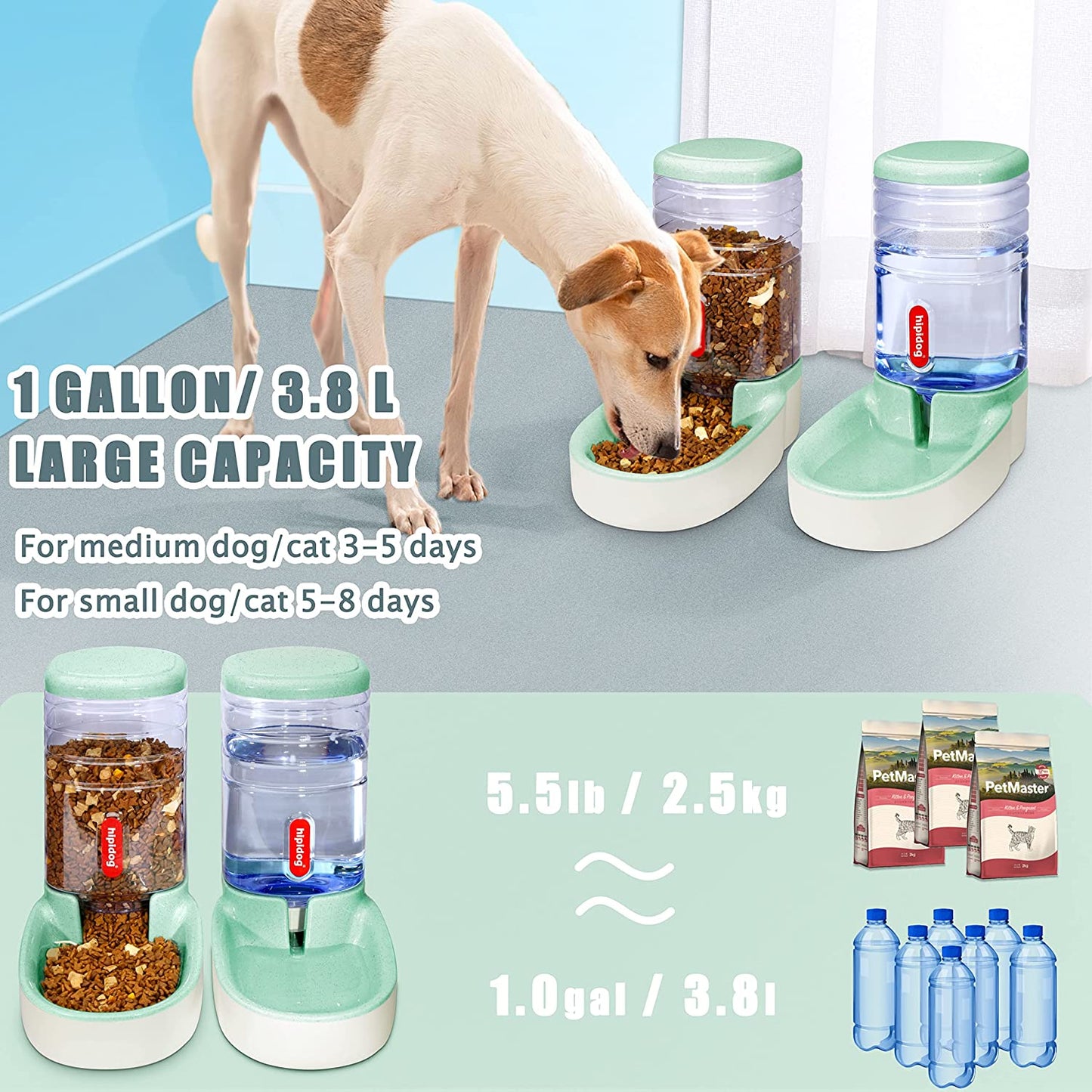 Pets Cats Dogs Automatic Waterer and Food Feeder 3.8 L with 1 Water Dispenser and 1 Pet Automatic Feeder (Green)