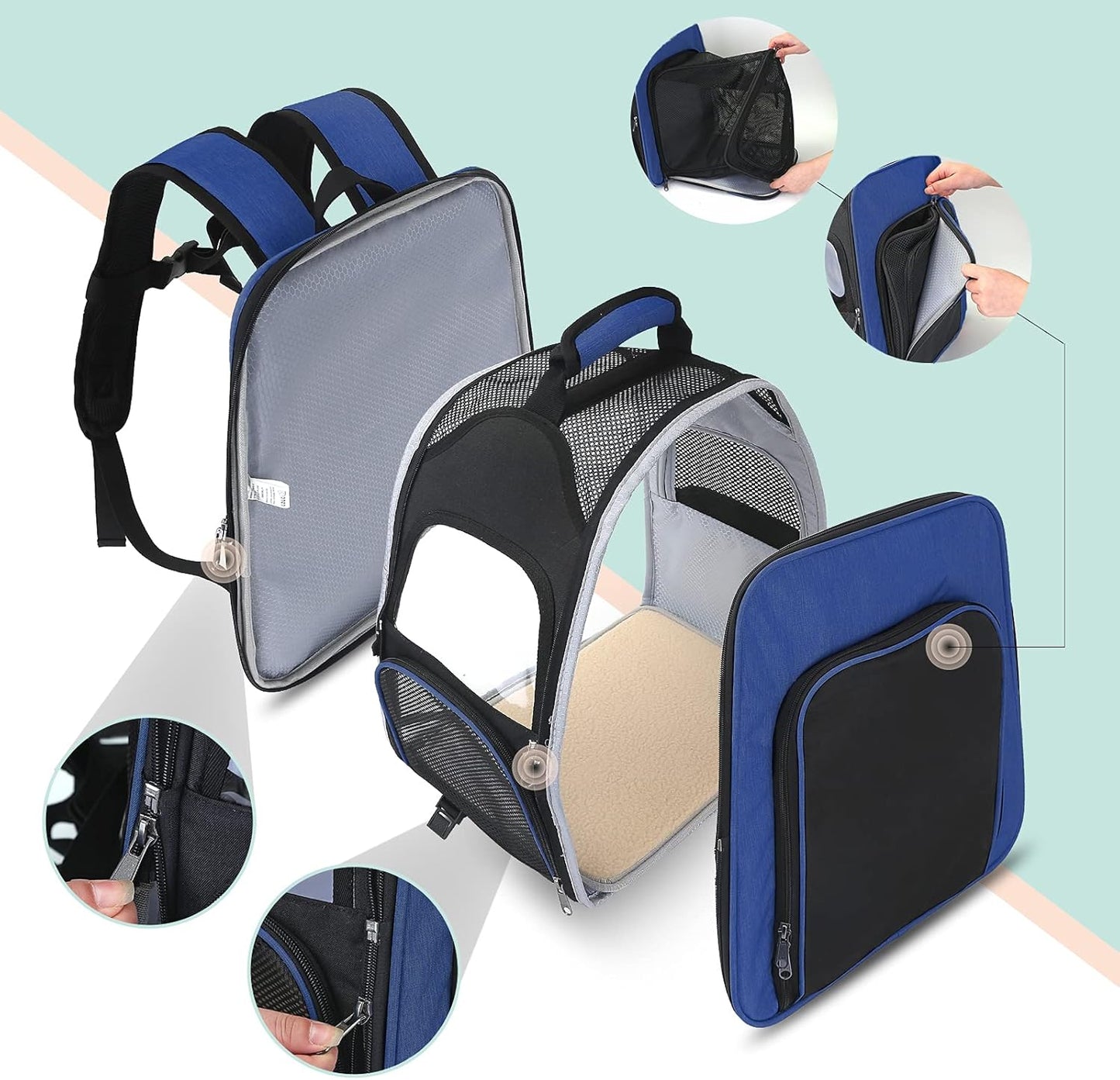 Pet Carrier Backpack, Airline Approved Cat Backpack, Carrier with Safety Strap and Zipper Buckle, Expandable with Breathable Mesh for Rabbits Puppies, Hold up to 20 Lbs