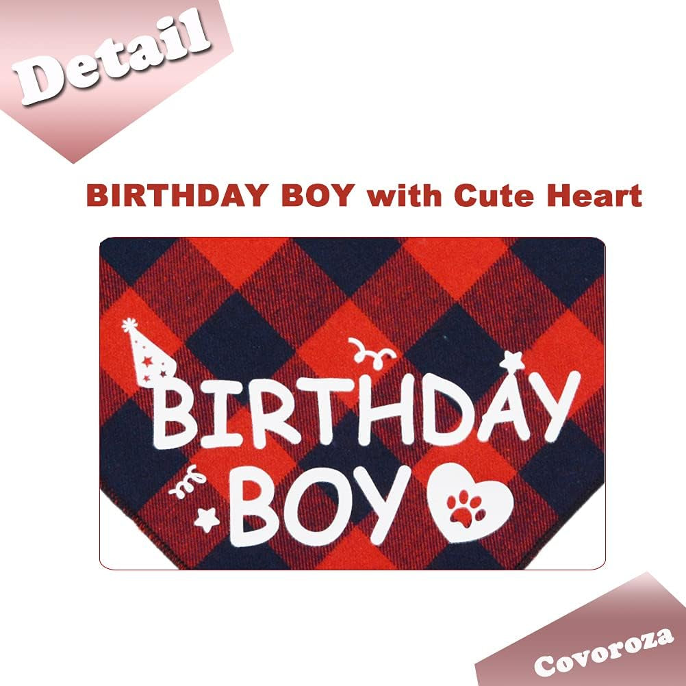 Dog Birthday Boy Bandana and Hat Set “Birthday Boy” Print Plaid Dogs Party Supplies Triangle Scarf Bibs for Small Medium Large Pets Red