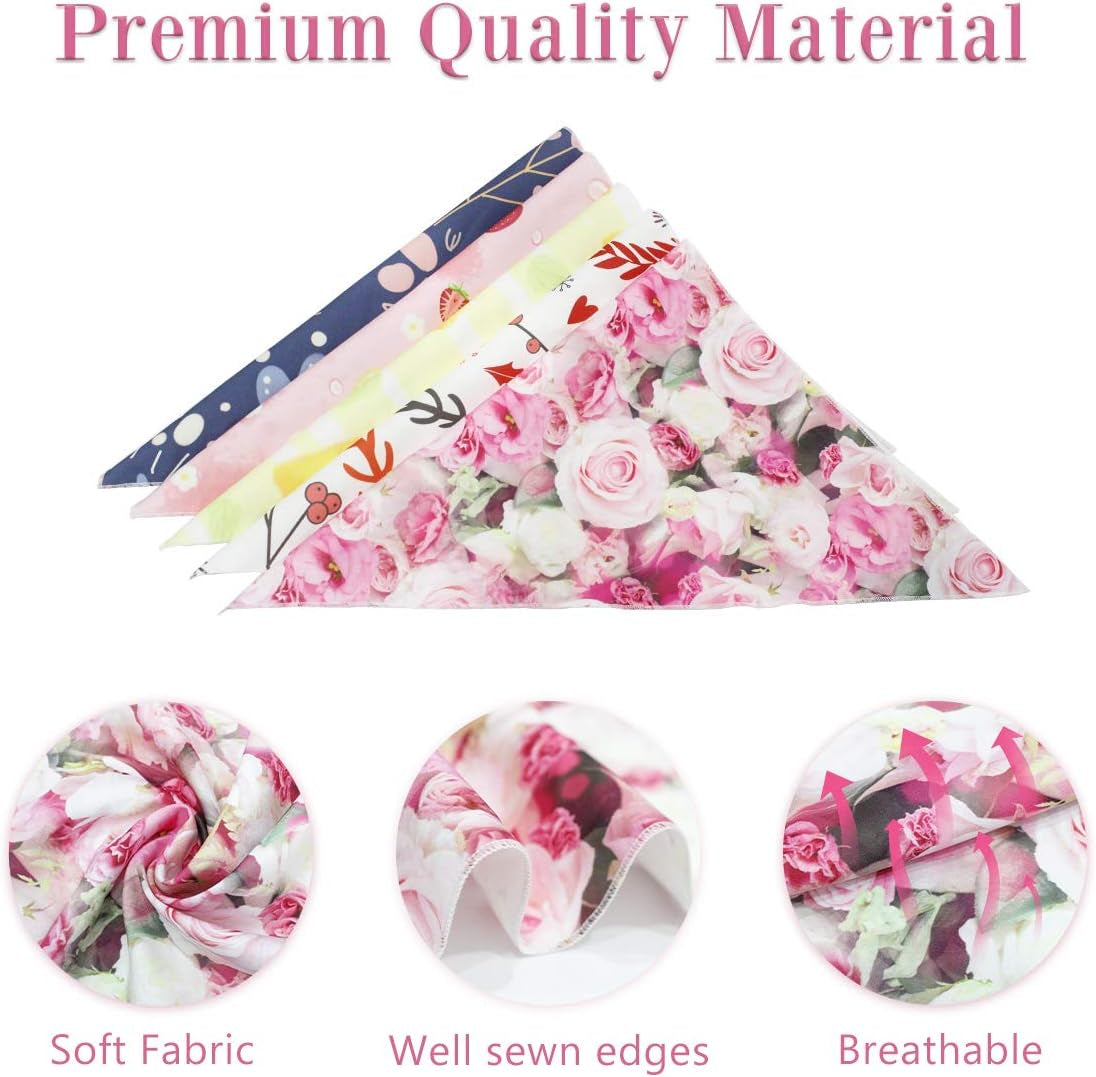 Dog Bandanas 5PCS Birthday Gift Washable Dog Bib Kerchief Scarf Adjustable Accessories Plaid Flowers Printing Triangle Bibs for Girl or Boy Small Medium Large Dogs Puppy Cat (Flower Style)
