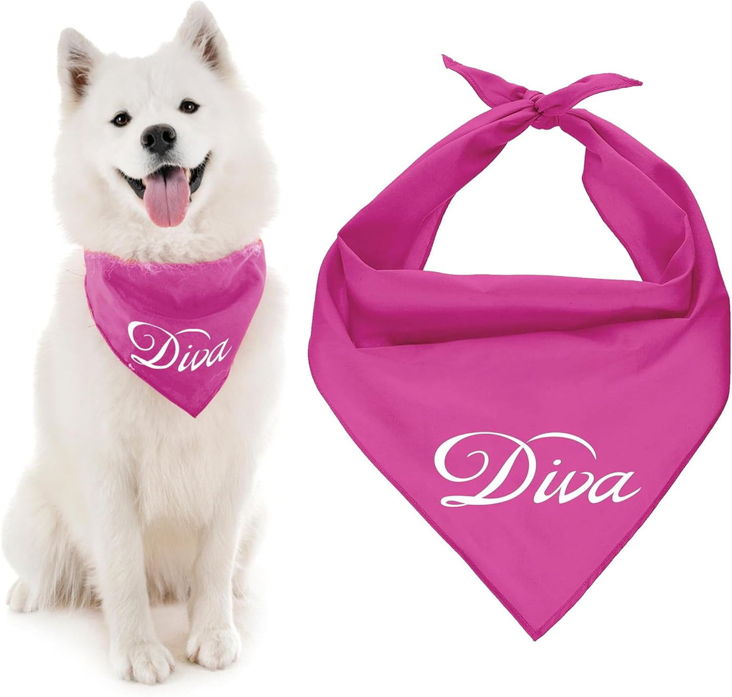 Dog Bandanas with Printed 'Diva' Word - Classy Tie-On Adjustable Girl Dog Bandana - Dog Scarf for Large Dogs - Washable Triangle Female Dog Bib - Pink Handkerchief for Pets - L