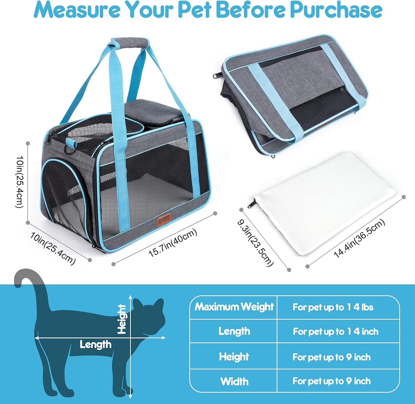 Cat Carrier Airline Approved Pet Carrier for Small Dogs, 4 Open Door Soft Sided Travel Carrier Bag for Puppies Kitty Rabbits with Foldable Bowl and Storage Pockets