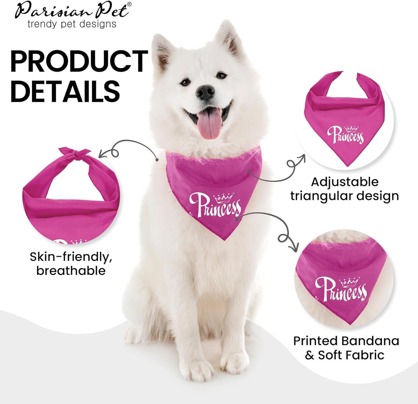 Dog Bandanas with Printed 'Princess' Word - Fashionable Tie-On Adjustable Polyester Dog Scarf for Large Dogs - Washable Triangle Female Dog Bib - Pink Handkerchief for Pets -L