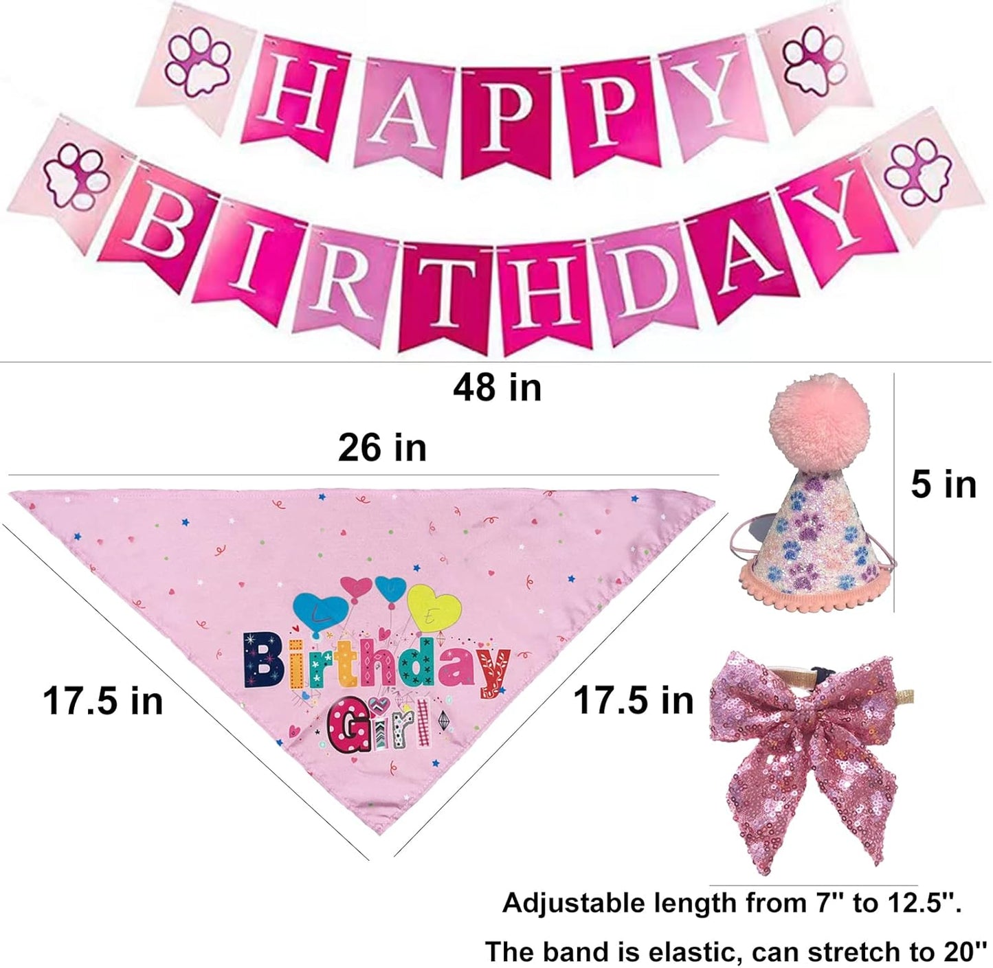 Dog Birthday Bandana Hat Scarf Set, Dog Birthday Party Supplies Dog Bandana Hat with Numbers Scarfs Happy Birthday Banner with Cute Dog Bow Tie Collar Boy Girl Puppy Birthday Hat Scarf for Dog (Pink)