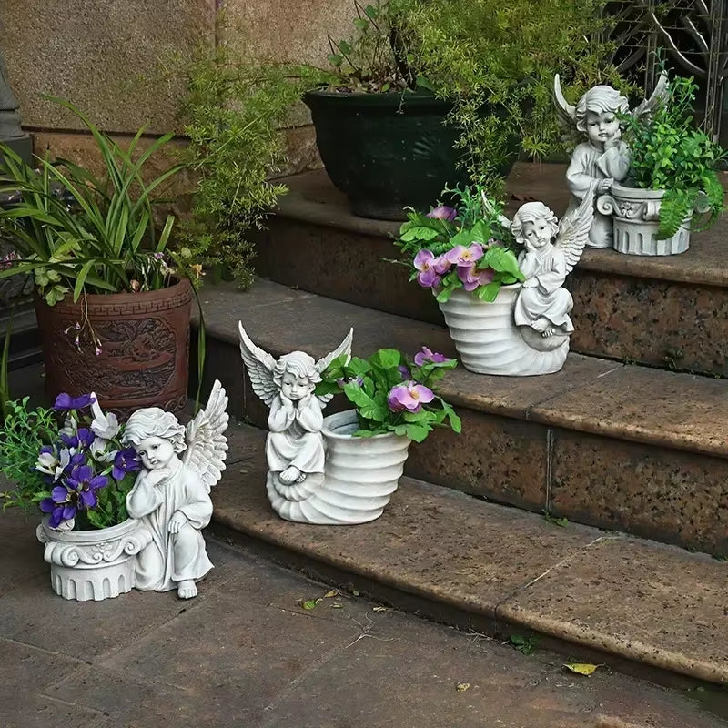 31CM European Courtyard Decor Angel Flowerpot Garden Landscape Decoration Statues Resin Decorative Garden Angels Figurines Decor