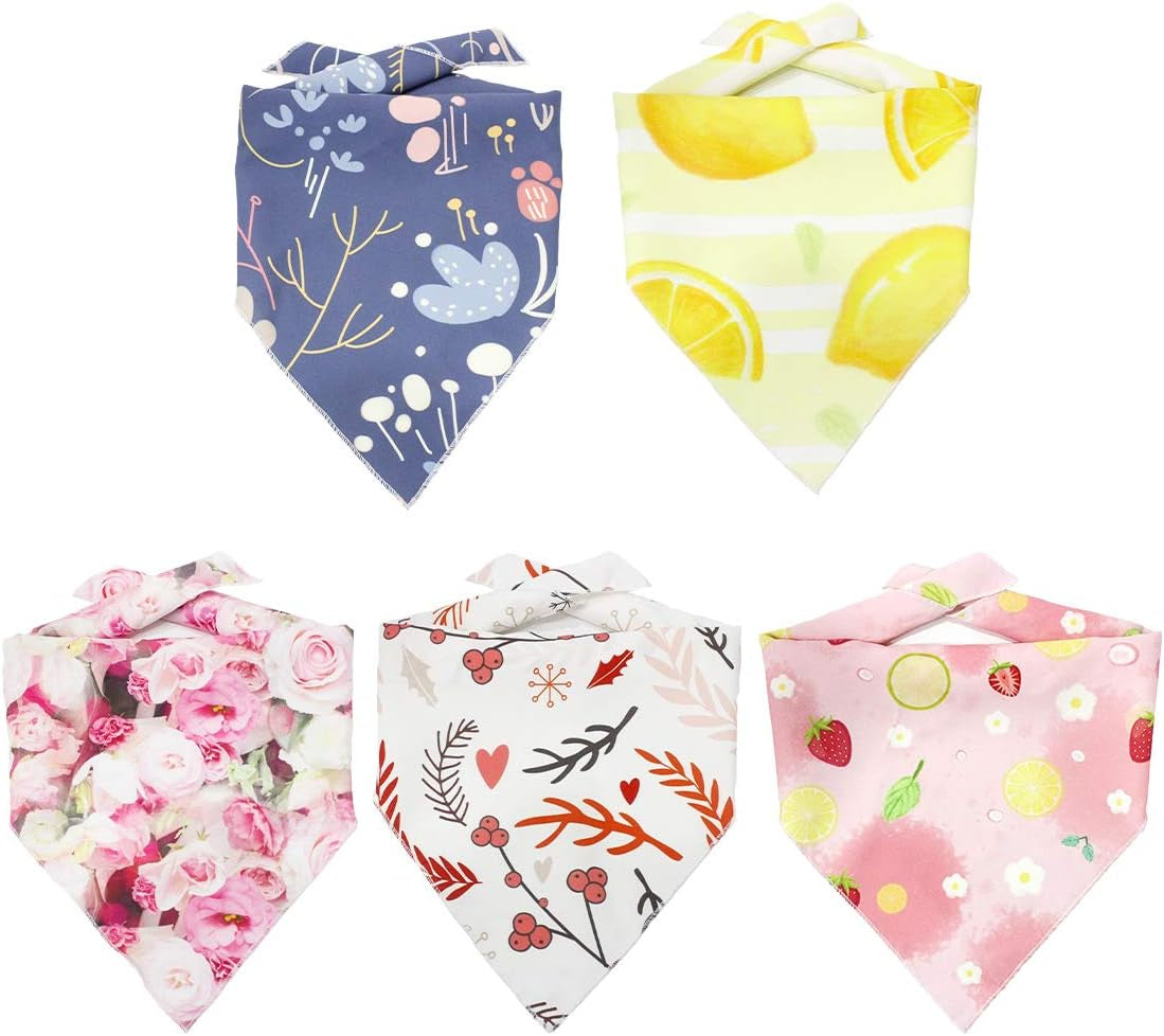 Dog Bandanas 5PCS Birthday Gift Washable Dog Bib Kerchief Scarf Adjustable Accessories Plaid Flowers Printing Triangle Bibs for Girl or Boy Small Medium Large Dogs Puppy Cat (Flower Style)