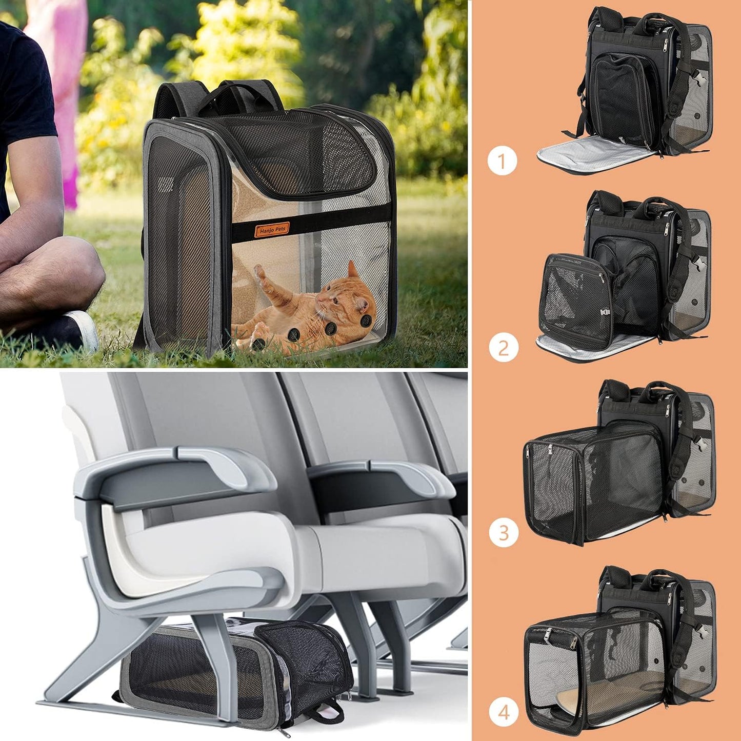 Cat Backpack Expandable - Pet Carrier Backpack Airline Approved - Dog Backpack Carrier with Cozy Mat Breathable Mesh Holds Pet up to 16 Lbs, Designed for Walking Travel Outdoor,Gray