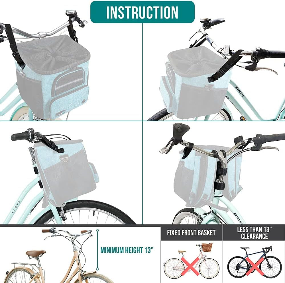 Dog Bike Basket, Soft-Sided Ventilated Dog Bike Carrier Backpack, Dog Pet Bicycle Basket for Bike Handlebar, Small Medium Puppy Cat Kitten Car Booster Seat with Safety Strap (Teal Blue)