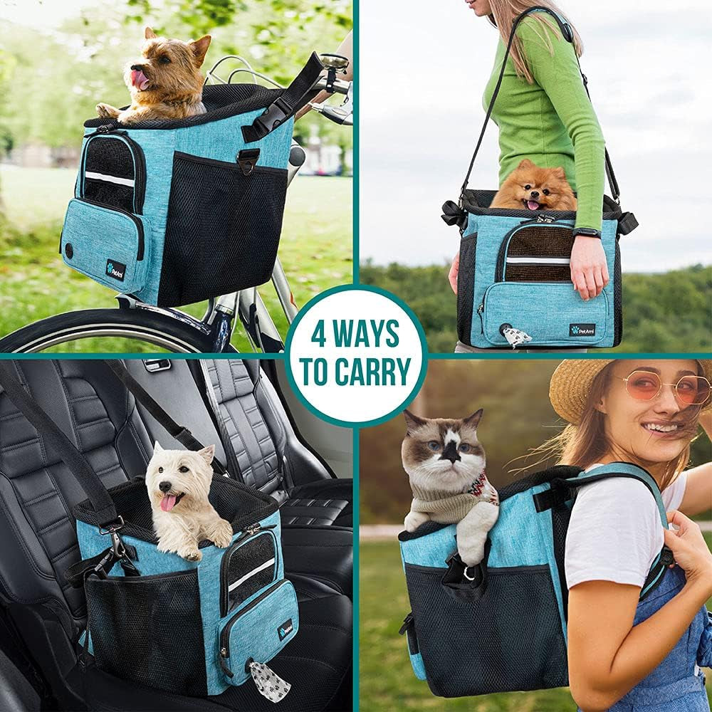Dog Bike Basket, Soft-Sided Ventilated Dog Bike Carrier Backpack, Dog Pet Bicycle Basket for Bike Handlebar, Small Medium Puppy Cat Kitten Car Booster Seat with Safety Strap (Teal Blue)