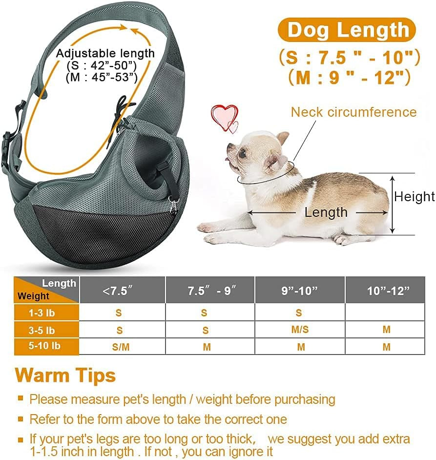 Dog Cat Sling Carrier, Adjustable Padded Shoulder Strap, with Zipper Pocket for Outdoor Travel (Black-Mesh, M - up to 10 Lbs)