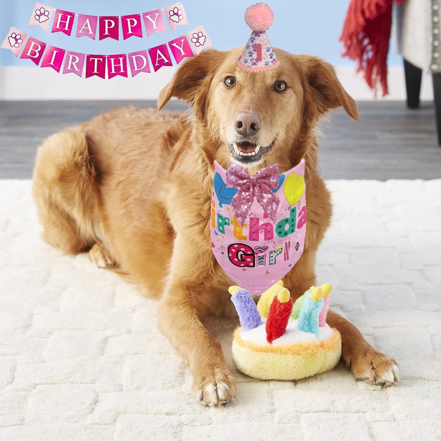 Dog Birthday Bandana Hat Scarf Set, Dog Birthday Party Supplies Dog Bandana Hat with Numbers Scarfs Happy Birthday Banner with Cute Dog Bow Tie Collar Boy Girl Puppy Birthday Hat Scarf for Dog (Pink)
