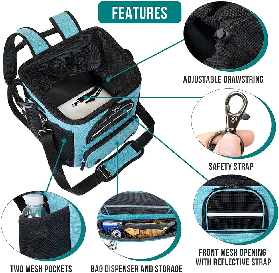 Dog Bike Basket, Soft-Sided Ventilated Dog Bike Carrier Backpack, Dog Pet Bicycle Basket for Bike Handlebar, Small Medium Puppy Cat Kitten Car Booster Seat with Safety Strap (Teal Blue)