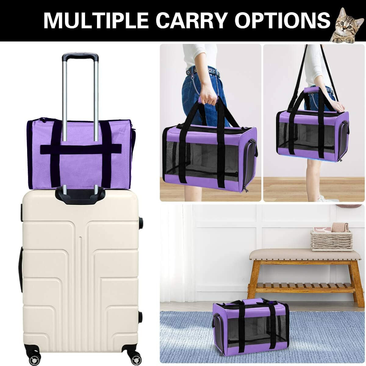 Large Cat Carriers Dog Carrier Pet Carrier for Large Cats Dogs Puppies up to 25 Lbs, Big Dog Carrier Soft Sided, Collapsible Travel Puppy Carrier - Large Purple