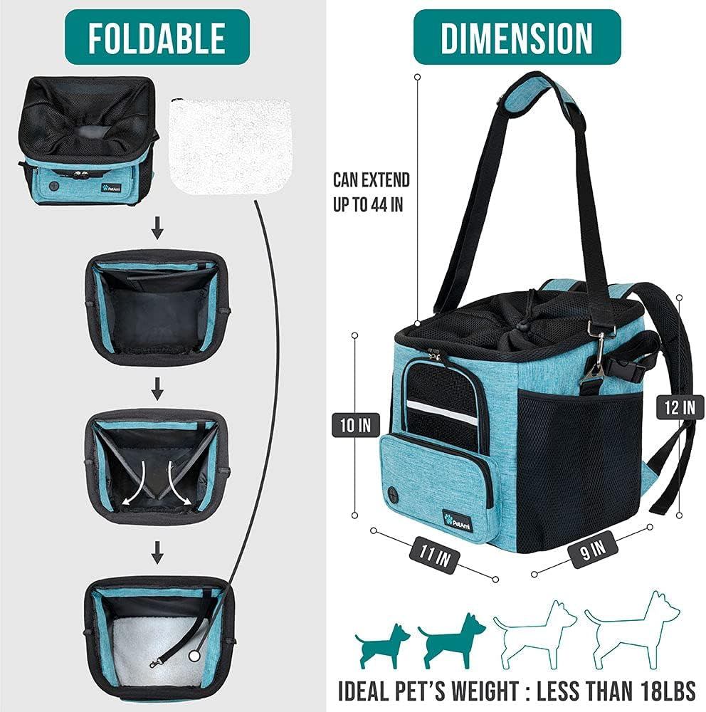 Dog Bike Basket, Soft-Sided Ventilated Dog Bike Carrier Backpack, Dog Pet Bicycle Basket for Bike Handlebar, Small Medium Puppy Cat Kitten Car Booster Seat with Safety Strap (Teal Blue)
