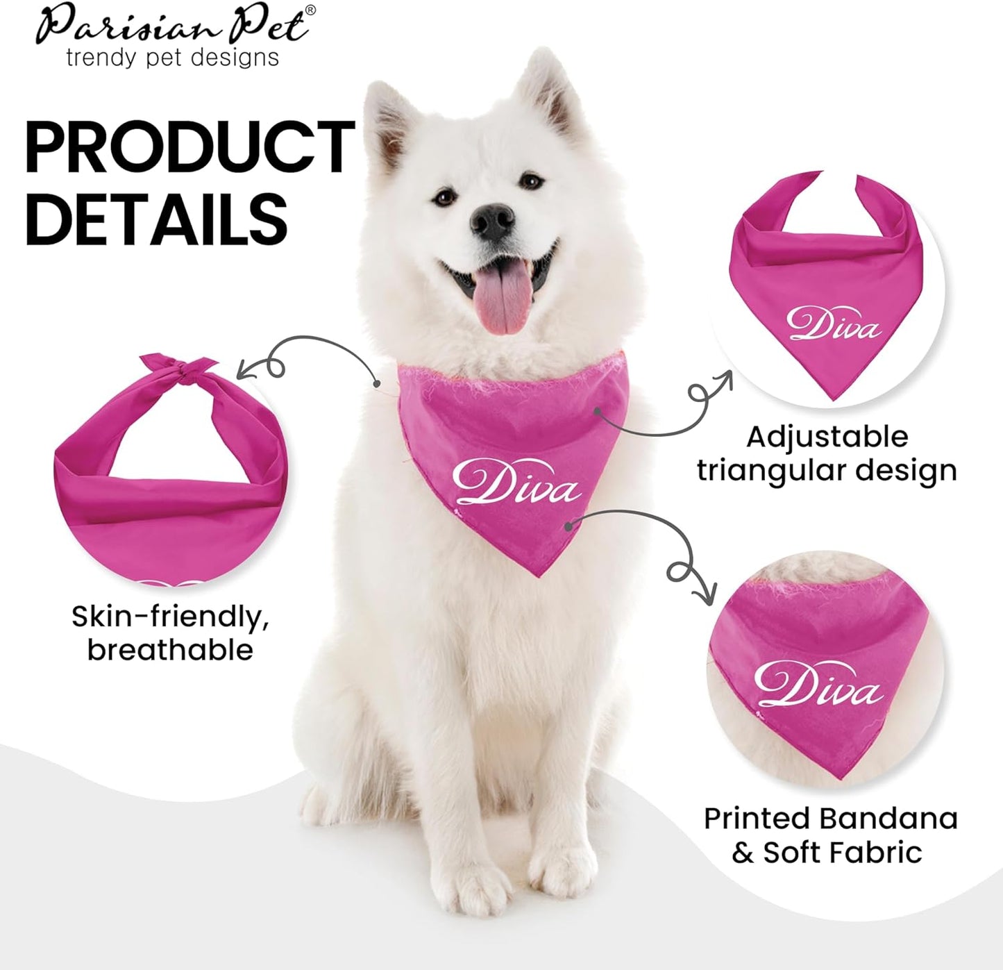 Dog Bandanas with Printed 'Diva' Word - Classy Tie-On Adjustable Girl Dog Bandana - Dog Scarf for Large Dogs - Washable Triangle Female Dog Bib - Pink Handkerchief for Pets - L