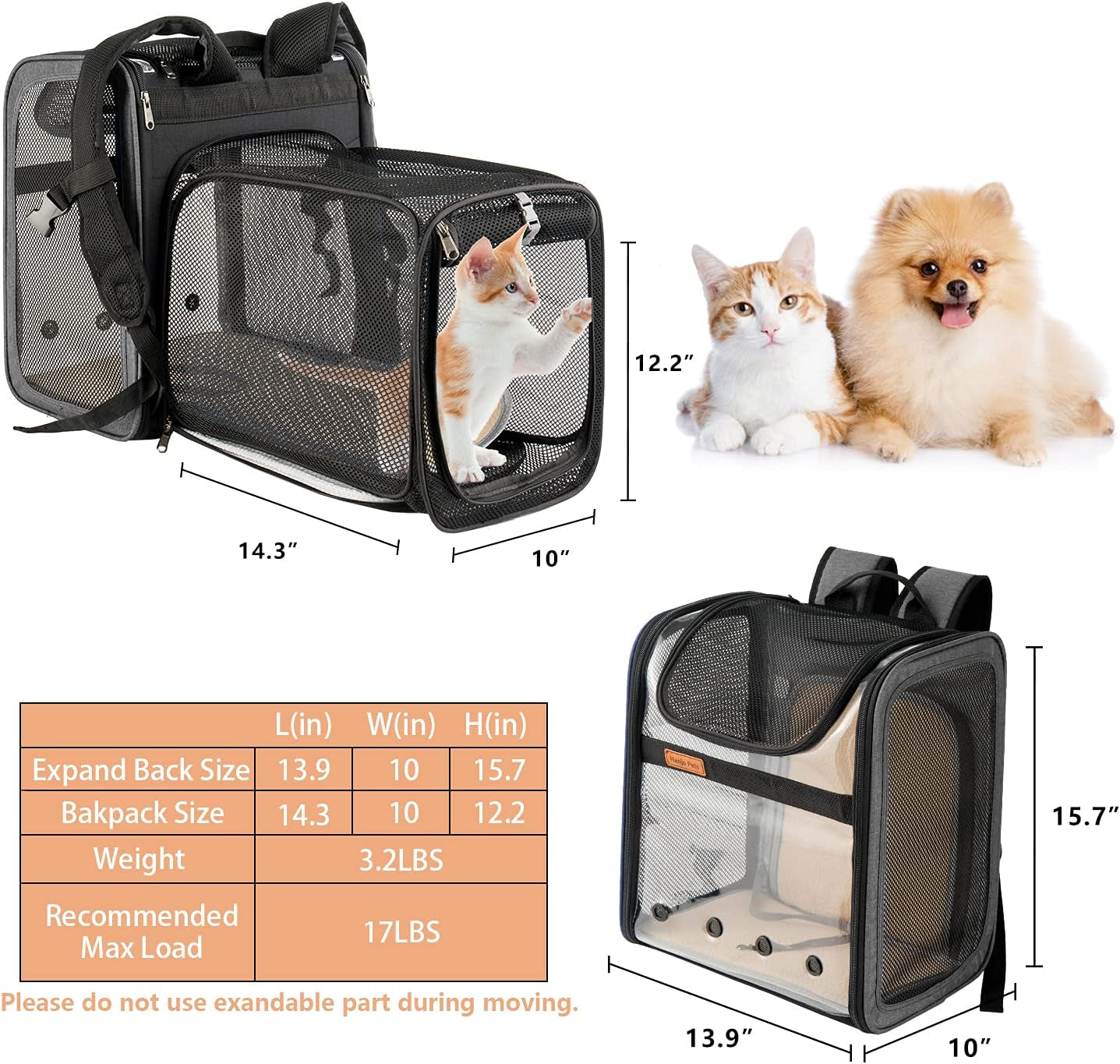 Cat Backpack Expandable - Pet Carrier Backpack Airline Approved - Dog Backpack Carrier with Cozy Mat Breathable Mesh Holds Pet up to 16 Lbs, Designed for Walking Travel Outdoor,Gray