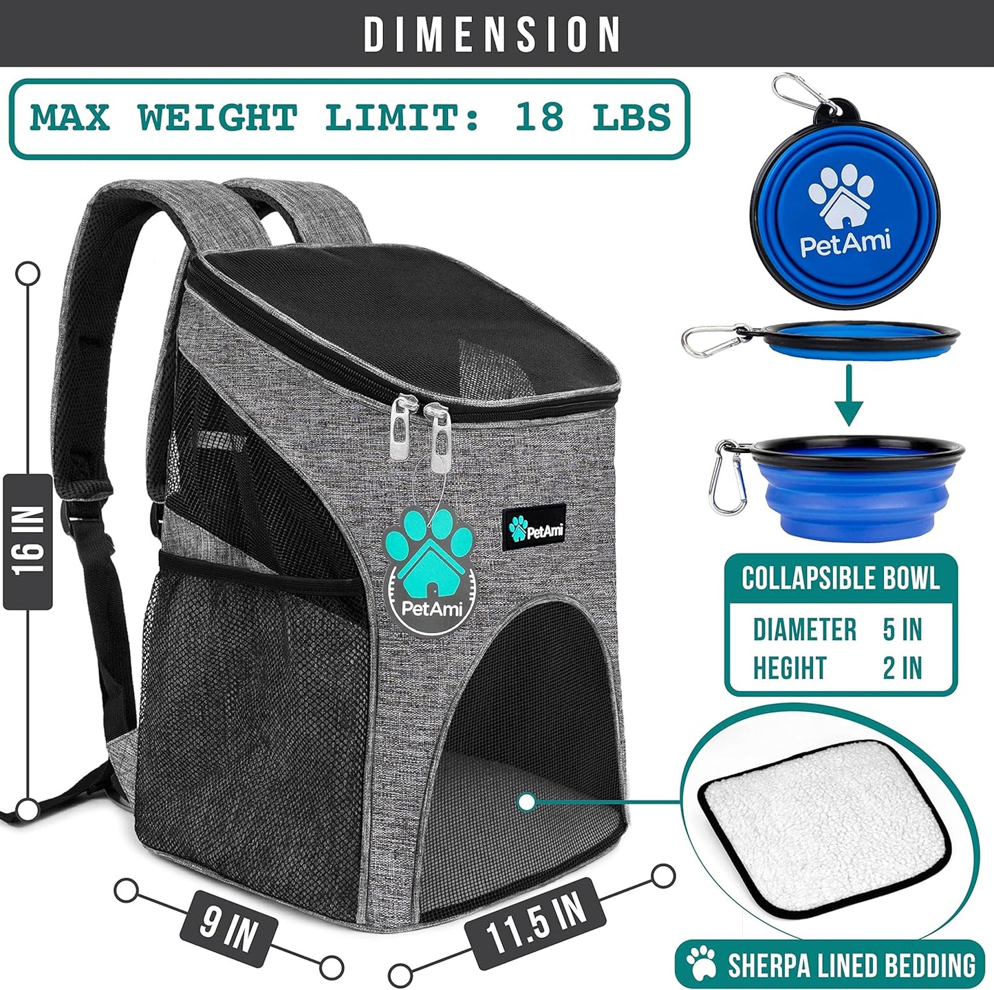 Small Dogs and Cat Backpack Carrier, Airline Approved Pet Backpack Carrier, Ventilated, Safety Strap, Buckle Support Designed for Hiking Travel Camping Outdoor, Max 18 Lbs (Heather Gray)