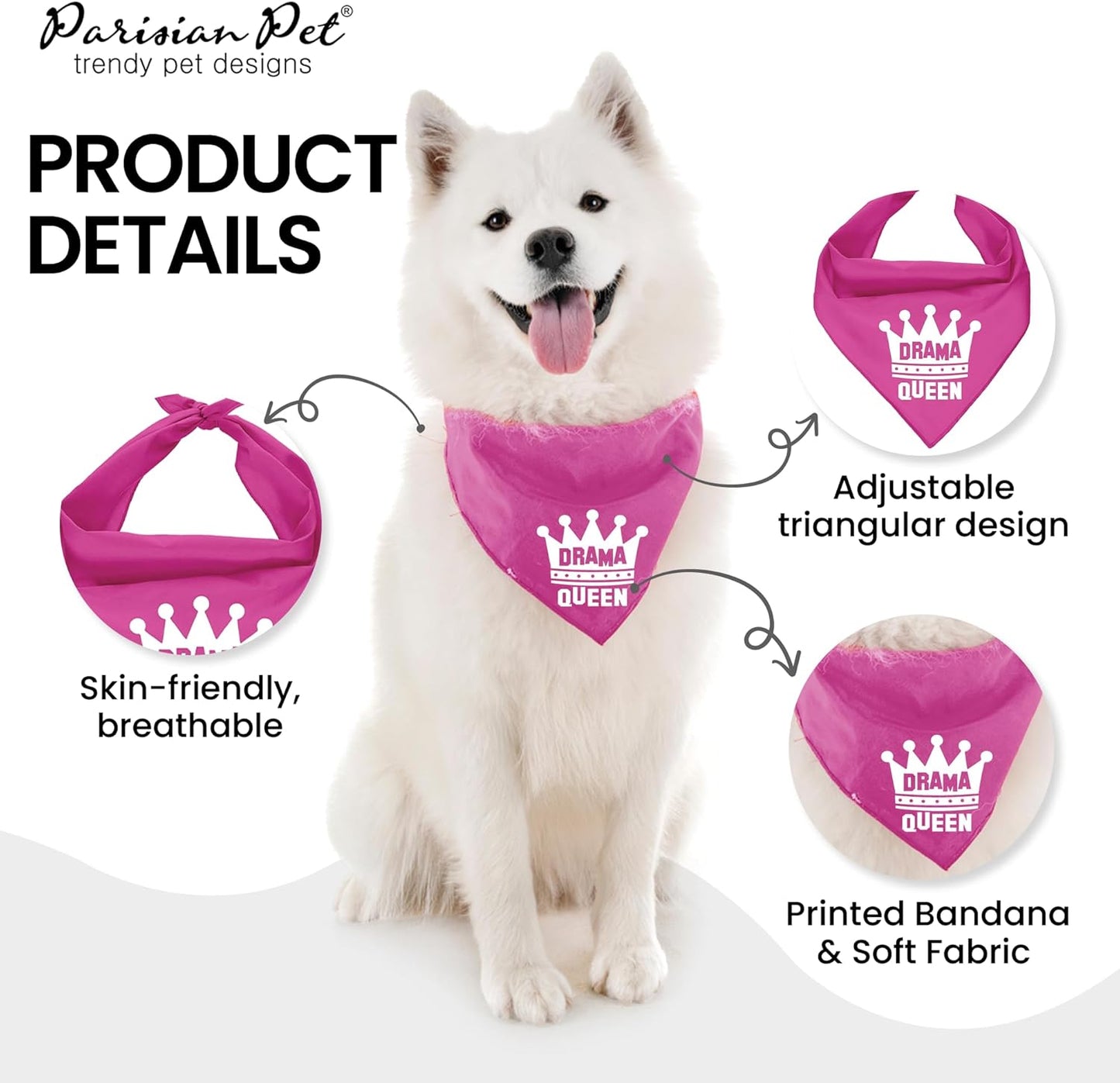 Dog Bandanas with Printed 'Drama Queen' - Classy Pink Bandana for Dogs - Tie-On Adjustable, Polyester Dog Scarf for Small Dogs - Washable Triangle Female Dog Bib - Handkerchief for Pets