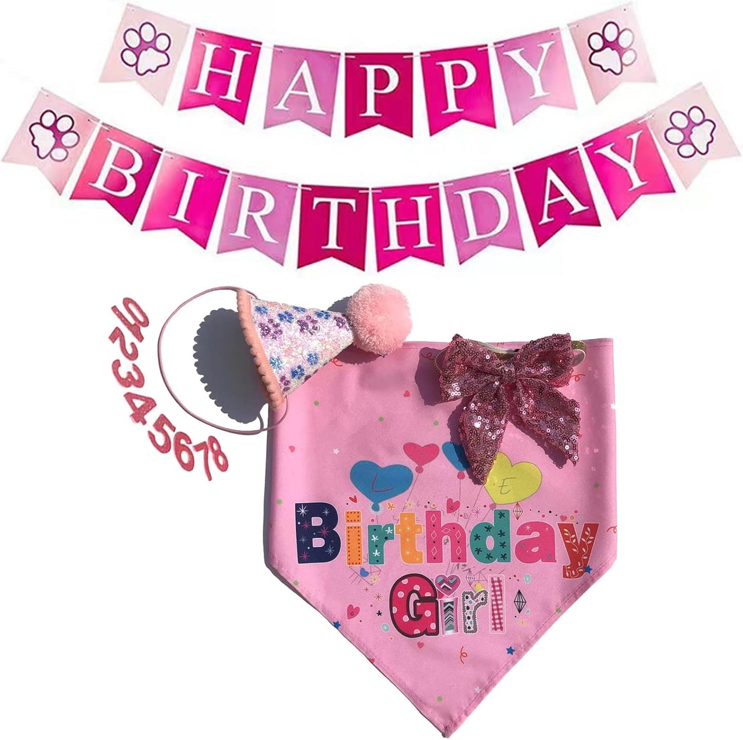 Dog Birthday Bandana Hat Scarf Set, Dog Birthday Party Supplies Dog Bandana Hat with Numbers Scarfs Happy Birthday Banner with Cute Dog Bow Tie Collar Boy Girl Puppy Birthday Hat Scarf for Dog (Pink)