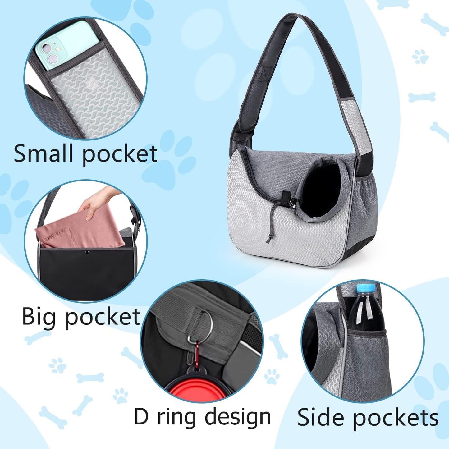 Pet Dog Sling Carrier Travel Hands-Free Puppy Pouch Carriers with Bottom Breathable Doggie Carrying Bag Reflective Safe Cat Crossbody Carrier for Medium Small Dogs Cats(6-12Lbs, Grey)