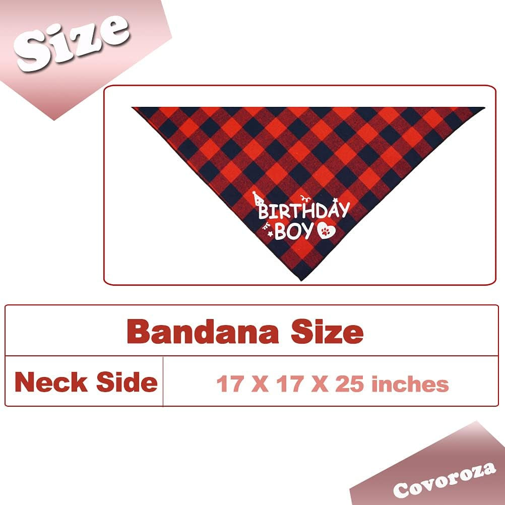 Dog Birthday Boy Bandana and Hat Set “Birthday Boy” Print Plaid Dogs Party Supplies Triangle Scarf Bibs for Small Medium Large Pets Red