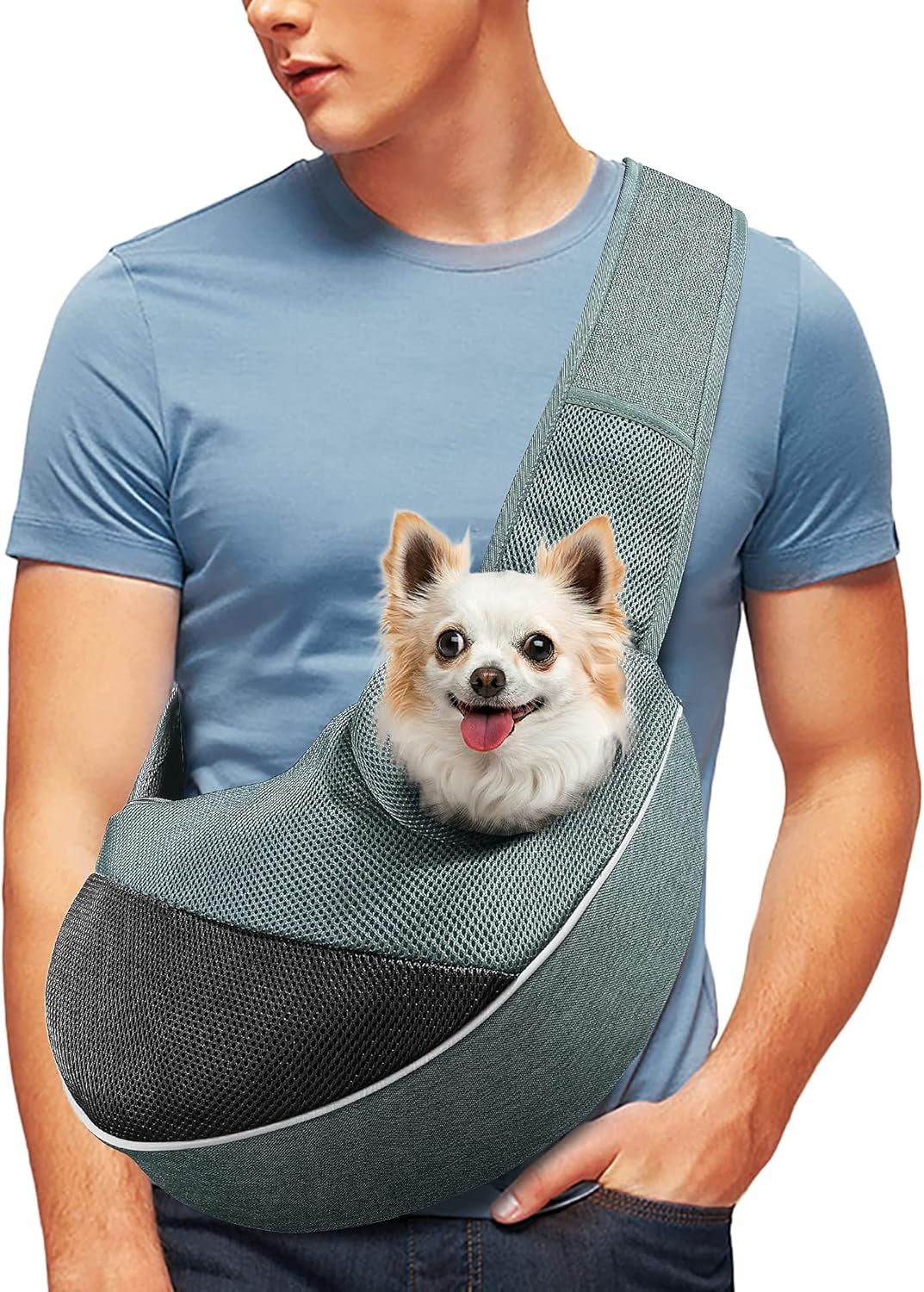 Dog Cat Sling Carrier, Adjustable Padded Shoulder Strap, with Zipper Pocket for Outdoor Travel (Black-Mesh, M - up to 10 Lbs)