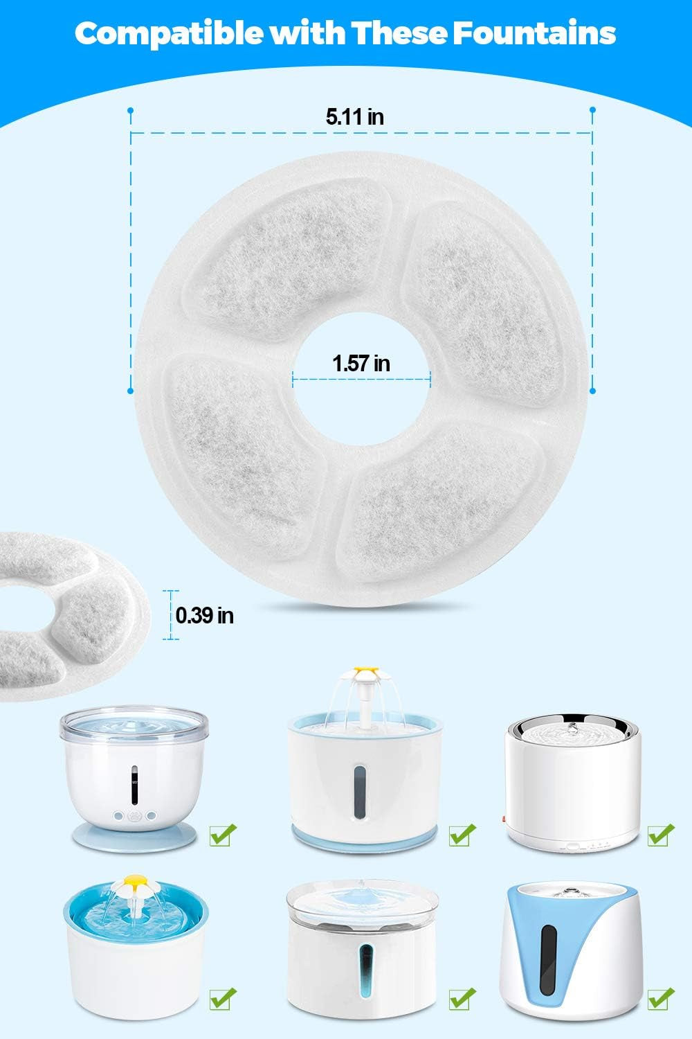 Cat Water Fountain Filter Replacement, 16 Pack Activated Carbon Filters for Pet Fountain, Triple Action for Cats, Dogs, Multiple Pets
