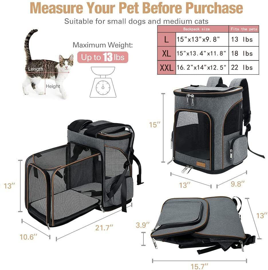 Cat Backpack Expandable Pet Carrier Backpack for 21.7"L X 13.0"W X 15.0"H Grey