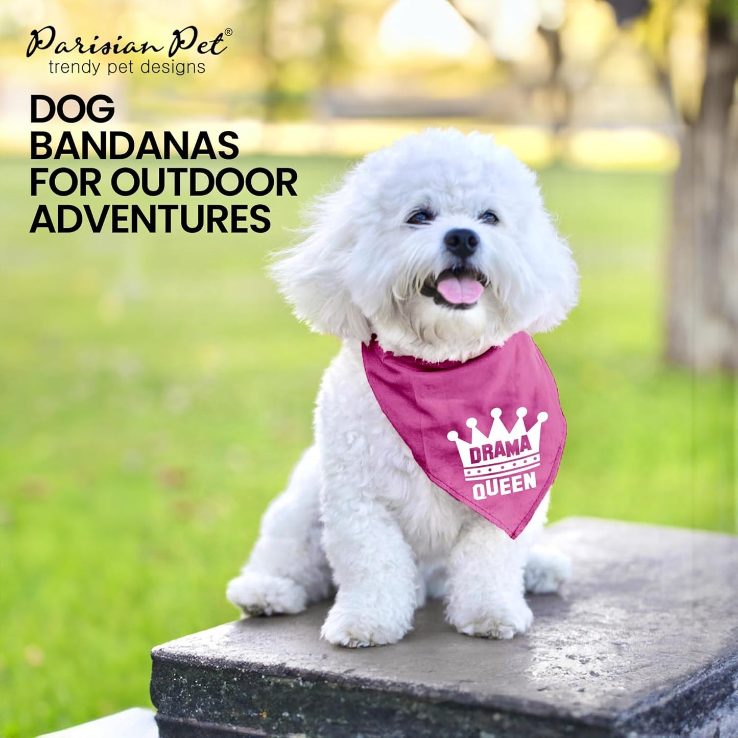 Dog Bandanas with Printed 'Drama Queen' - Classy Pink Bandana for Dogs - Tie-On Adjustable, Polyester Dog Scarf for Small Dogs - Washable Triangle Female Dog Bib - Handkerchief for Pets