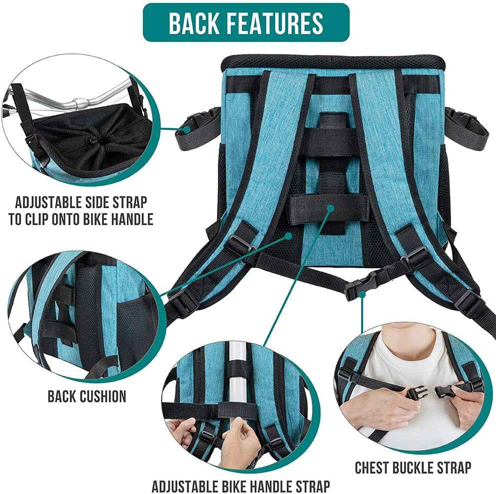 Dog Bike Basket, Soft-Sided Ventilated Dog Bike Carrier Backpack, Dog Pet Bicycle Basket for Bike Handlebar, Small Medium Puppy Cat Kitten Car Booster Seat with Safety Strap (Teal Blue)