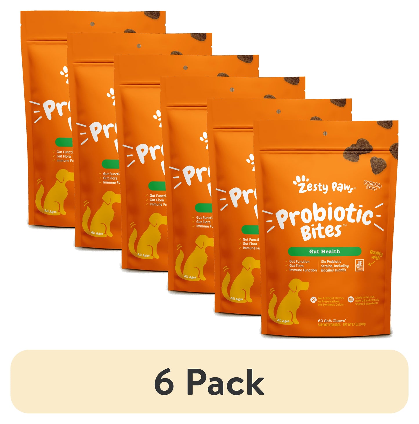 (6 Pack) Probiotic Bites for Dogs, to Support Gut Health, Pumpkin 60Ct