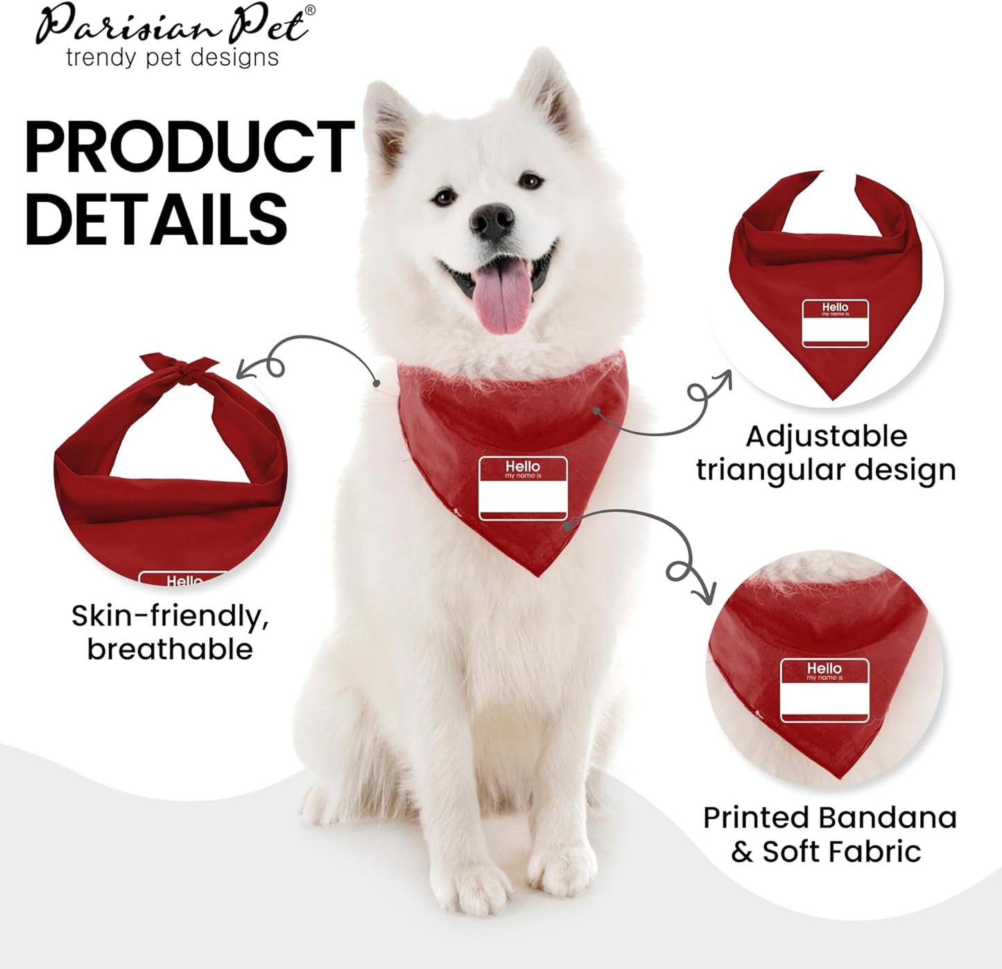 Dog Bandanas with Printed 'My Name Is' - Pet ID Tag Tie-On Adjustable, Polyester Dog Scarf for Small Dogs - Washable Triangle Dog Bib - Red Handkerchief for Pets - S