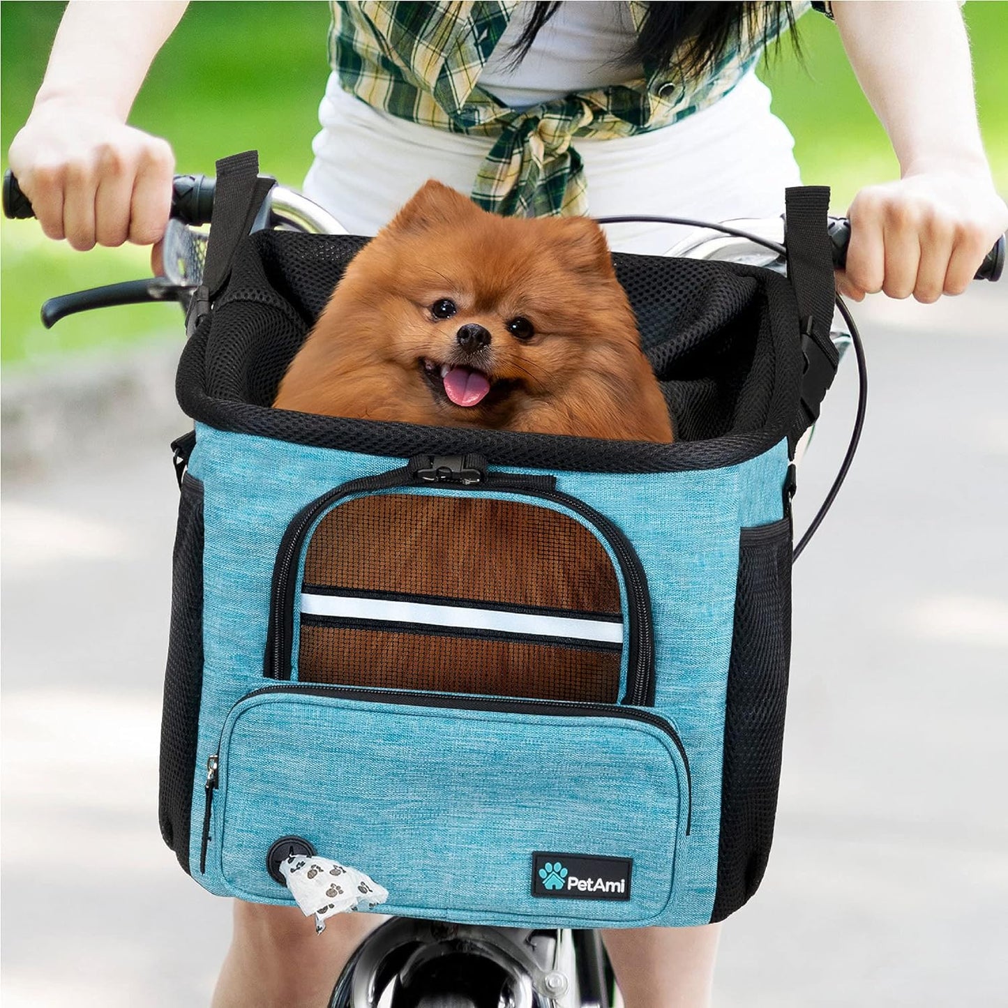 Dog Bike Basket, Soft-Sided Ventilated Dog Bike Carrier Backpack, Dog Pet Bicycle Basket for Bike Handlebar, Small Medium Puppy Cat Kitten Car Booster Seat with Safety Strap (Teal Blue)
