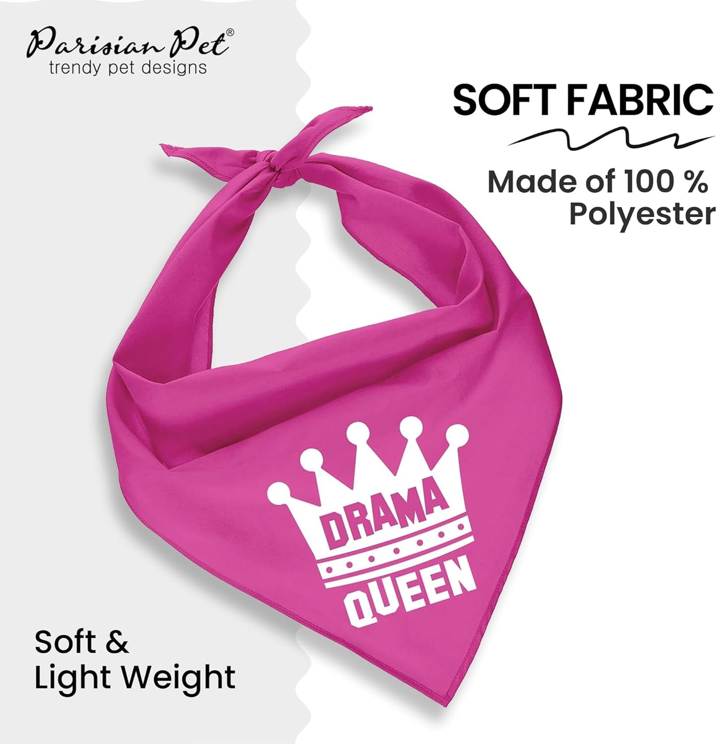 Dog Bandanas with Printed 'Drama Queen' - Classy Pink Bandana for Dogs - Tie-On Adjustable, Polyester Dog Scarf for Small Dogs - Washable Triangle Female Dog Bib - Handkerchief for Pets