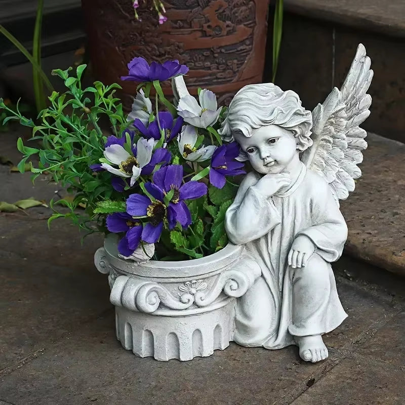31CM European Courtyard Decor Angel Flowerpot Garden Landscape Decoration Statues Resin Decorative Garden Angels Figurines Decor