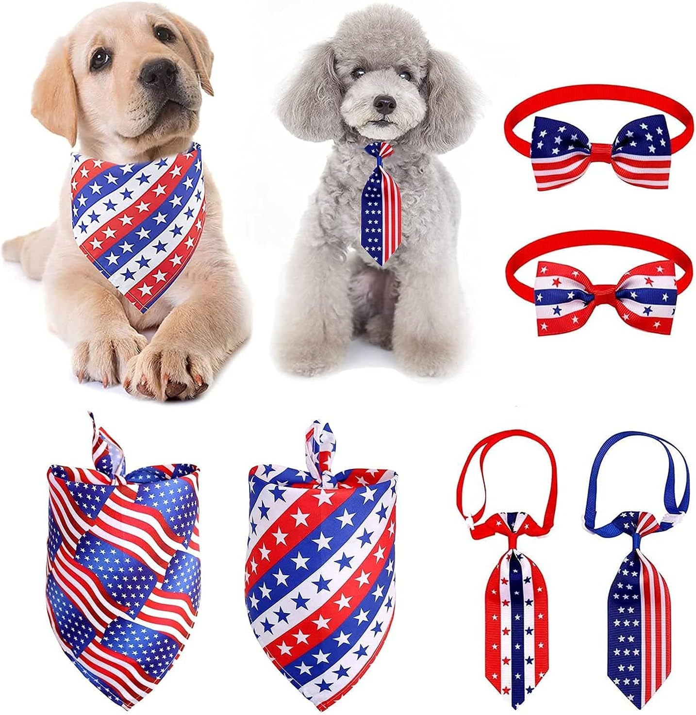 6 Pack American Flag 4Th of July Dog Bandana, Pet Dogs Triangle Bibs Scarf Bows and Ties, American Independence Day Memorial Day Flags Scarf Sets for Large, Medium, Small Dogs