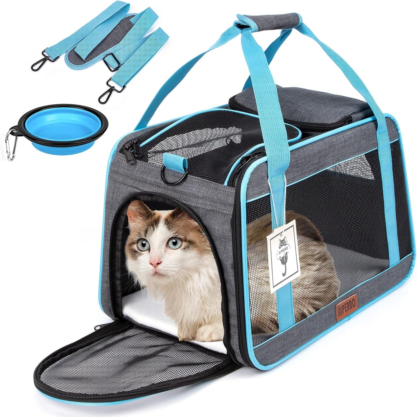 Cat Carrier Airline Approved Pet Carrier for Small Dogs, 4 Open Door Soft Sided Travel Carrier Bag for Puppies Kitty Rabbits with Foldable Bowl and Storage Pockets