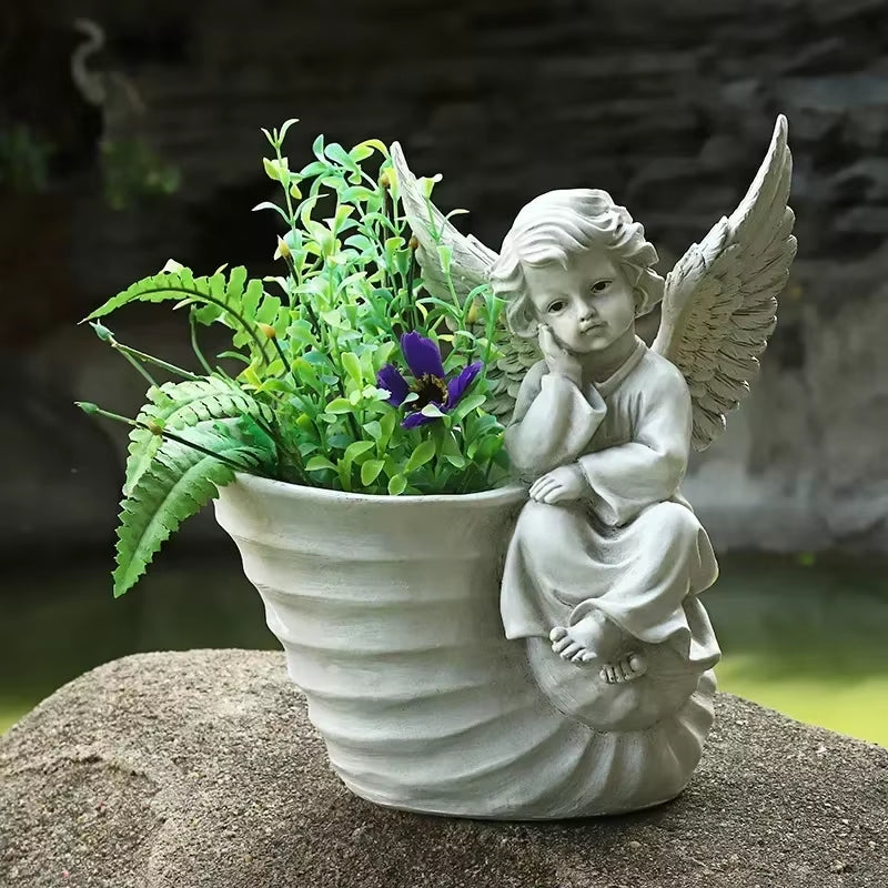 31CM European Courtyard Decor Angel Flowerpot Garden Landscape Decoration Statues Resin Decorative Garden Angels Figurines Decor