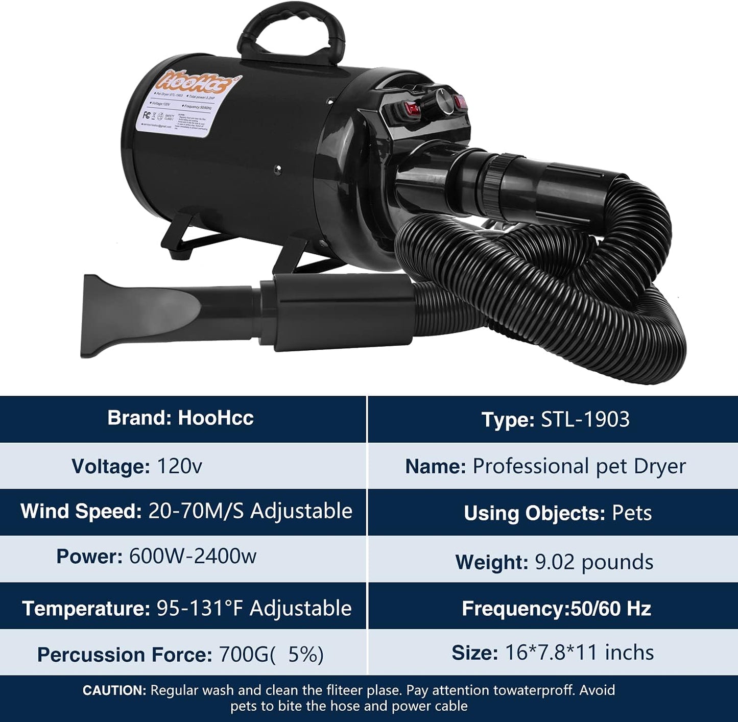 Dog Dryer, High Velocity Dog Hair Dryer, Dog Blow Dryer - Groomer Partner Pet Blower Grooming Force Dryer with Heater, Stepless Adjustable Speed, 4 Different Nozzles, Comb & Pet Grooming Glove (Black)