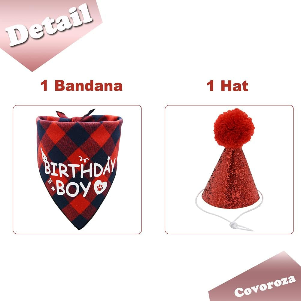 Dog Birthday Boy Bandana and Hat Set “Birthday Boy” Print Plaid Dogs Party Supplies Triangle Scarf Bibs for Small Medium Large Pets Red
