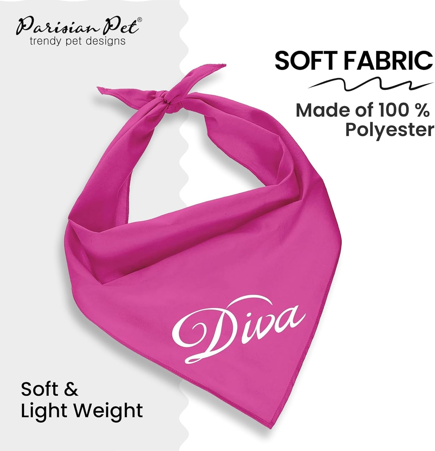 Dog Bandanas with Printed 'Diva' Word - Classy Tie-On Adjustable Girl Dog Bandana - Dog Scarf for Large Dogs - Washable Triangle Female Dog Bib - Pink Handkerchief for Pets - L