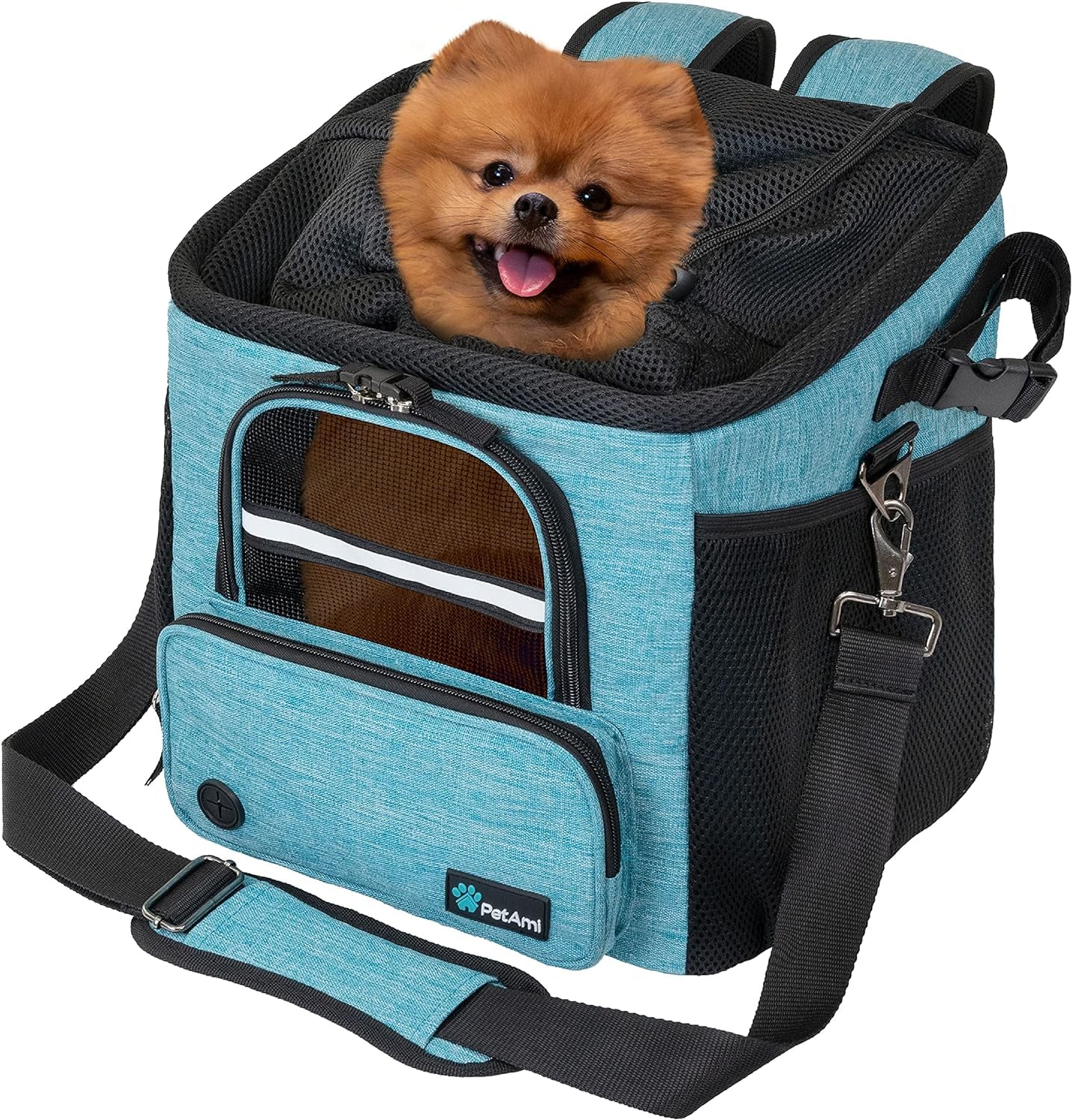 Dog Bike Basket, Soft-Sided Ventilated Dog Bike Carrier Backpack, Dog Pet Bicycle Basket for Bike Handlebar, Small Medium Puppy Cat Kitten Car Booster Seat with Safety Strap (Teal Blue)