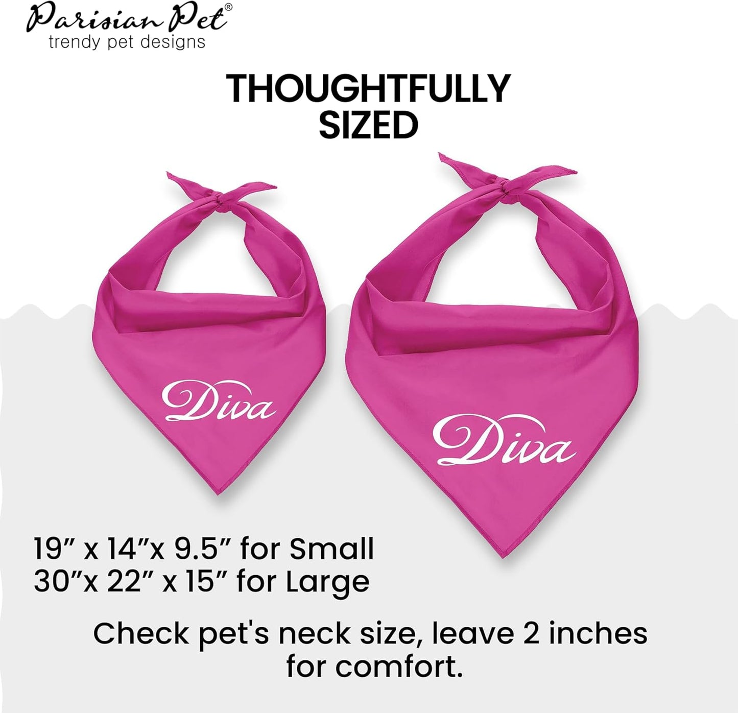 Dog Bandanas with Printed 'Diva' Word - Classy Tie-On Adjustable Girl Dog Bandana - Dog Scarf for Large Dogs - Washable Triangle Female Dog Bib - Pink Handkerchief for Pets - L