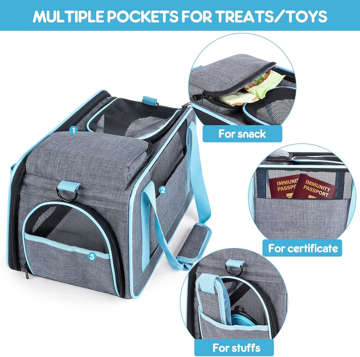 Cat Carrier Airline Approved Pet Carrier for Small Dogs, 4 Open Door Soft Sided Travel Carrier Bag for Puppies Kitty Rabbits with Foldable Bowl and Storage Pockets