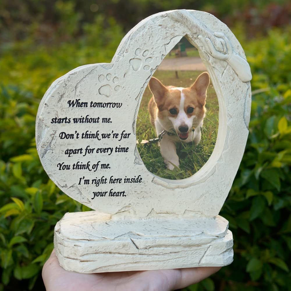 Heart Shaped Pet Dog Memorial Stones with Photo Frame, Pet Dog Garden Stones Grave Markers Headstones Sympaty Memorial Gifts Loss Gifts Outdoor or Indoor