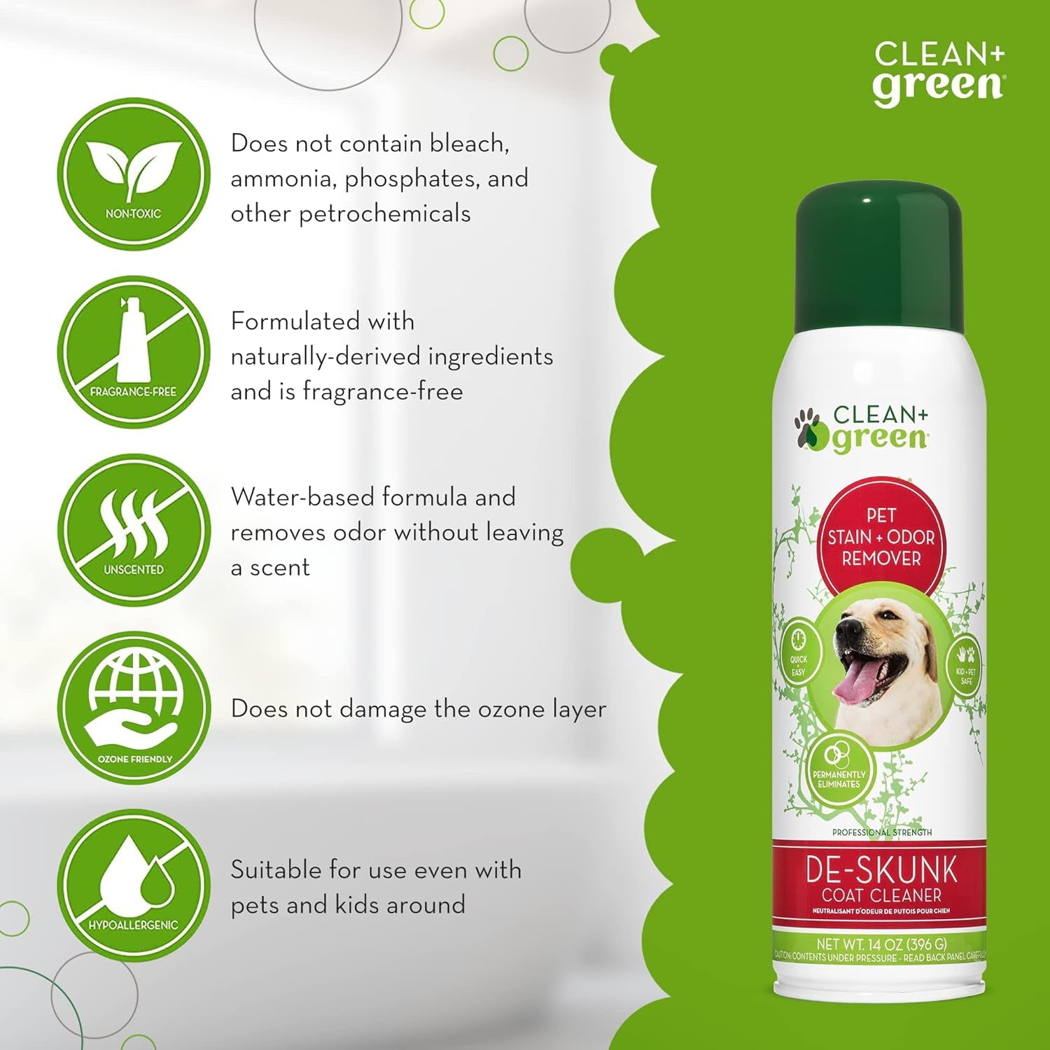 Professional Strength Deskunk Odor & Pet Stain Remover- Plant-Based Odor Remover for Pet'S Coat- Kid & Pet-Safe Odor Eliminator Spray for Pets- Unscented 14-Ounce Pack of 4 Made in the USA